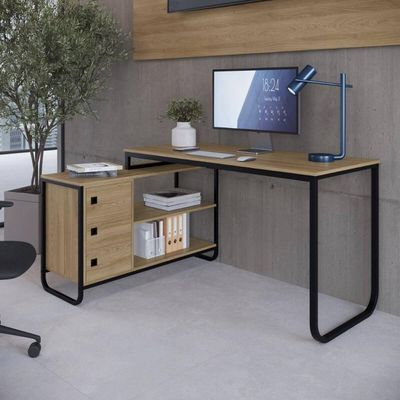 Escrivaninha de Canto Mesa Estudo Computador Escritório Preto Industrial Office Placa e Ponto