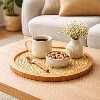 Tábua de Bambu Palhinha Indiana com Base Giratória 30cm Oikos Serve e Decora Mesa Bancada