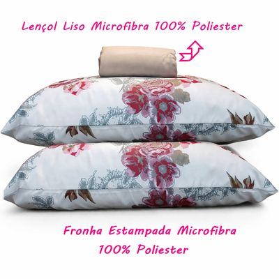 Jogo de Lençol KazzaVip Queen Microfibra 100% Poliéster Floral 3 Peças Rosa
