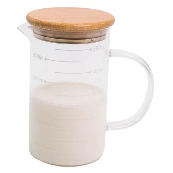 Jarra de Vidro Tampa de Bambu 500ml Com Medidas Água Sucos Chá Oikos