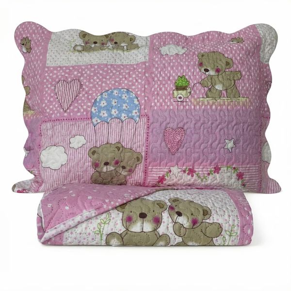 Kit Cobre Leito Bouti KazzaVip Solteiro Teen Microfibra 100% Poliéster Estampado Ursinho 2 peças Rosa
