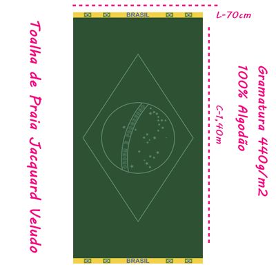 Toalha de Praia KazzaVip Jacquard Veludo 100% Algodão Bandeira Do Brasil 70cmx140m Verde