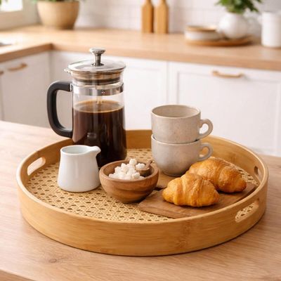 Bandeja Redonda de Bambu e Textura Palhinha Indiana Oikos 35cm Multiuso com Alças