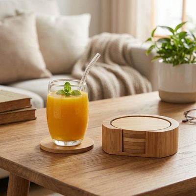 Jogo de Porta Copos Redondos de Bambu Natural Oikos 6un 9,5cm com Suporte Descansos Latas