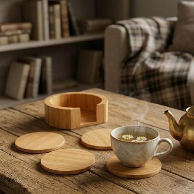 Jogo de Porta Copos Redondos de Bambu Natural Oikos 6un 9,5cm com Suporte Descansos Latas