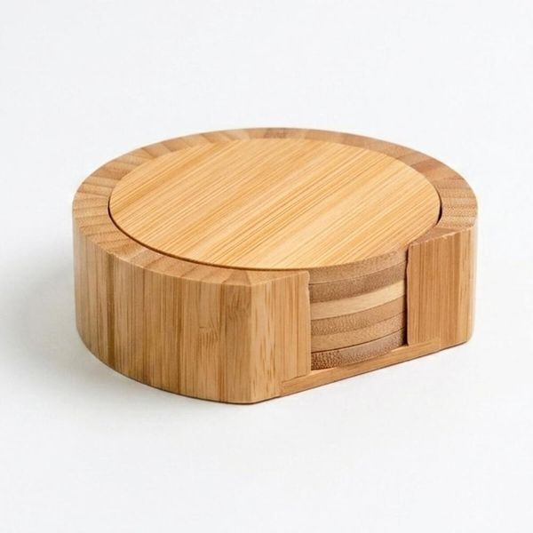 Jogo de Porta Copos Redondos de Bambu Natural Oikos 6un 9,5cm com Suporte Descansos Latas