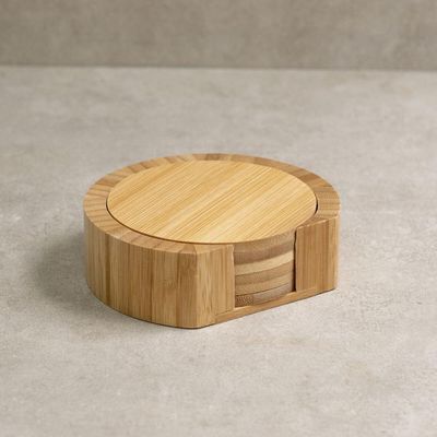 Jogo de Porta Copos Redondos de Bambu Natural Oikos 6un 9,5cm com Suporte Descansos Latas