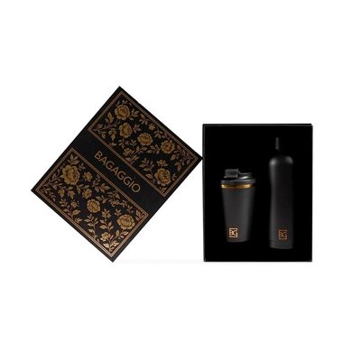Kit Copo 350 Ml e Garrafa 500 Ml Edição Floral Gold Térmico Preto U / Preto