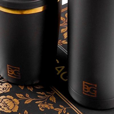 Kit Copo 350 Ml e Garrafa 500 Ml Edição Floral Gold Térmico Preto U / Preto