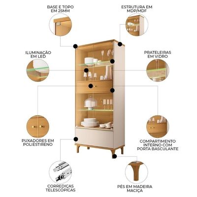 Cristaleira Portas De Vidro Com Led 76cm Delux Off/cinamomo H01 - Mpozenato
