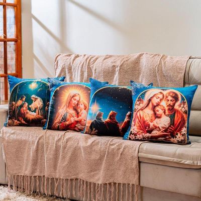 Kit Com 4 Capas De Almofadas Estampadas Natalinas 45cm X 45cm - Azul