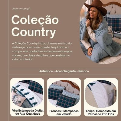 Jogo De Cama Lençol King Country Com Fronhas Estampadas 04 Peças - Tecido Percal 200 Fios Cor Verde