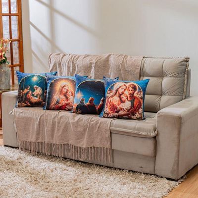 Kit Com 4 Capas De Almofadas Estampadas Natalinas 45cm X 45cm - Azul