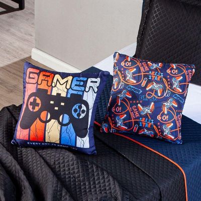 Kit Cobre Leito Colcha Queen Preto/azul Marinho Dupla Face Com Almofadas Estampadas 05 Peças