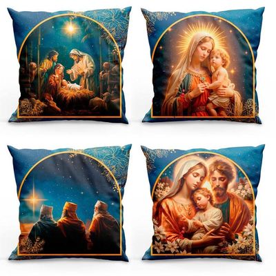 Kit Com 4 Capas De Almofadas Estampadas Natalinas 45cm X 45cm - Azul