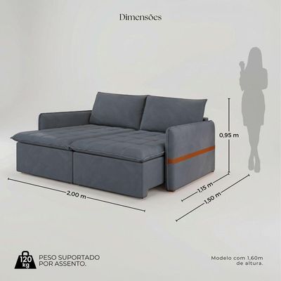 Sofá Cama Retrátil 4 Lugares Bárbara 2,00m Veludo Cinza