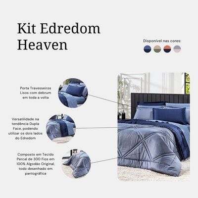 Kit Edredom Queen Heaven Dupla Face C/Fronhas 3 Peças Tecido Percal 300 Fios 100% Algodão Cor Azul