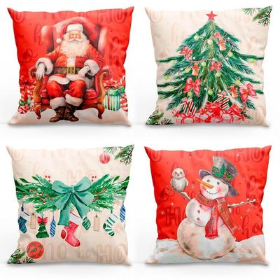 Kit Com 4 Capas De Almofadas Estampadas Natalinas 45cm X 45cm - Vermelho