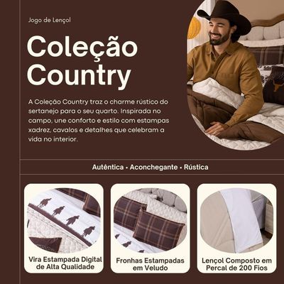 Jogo De Cama Lençol King Country Com Fronhas Estampadas 04 Peças - Tecido Percal 200 Fios Cor Marrom