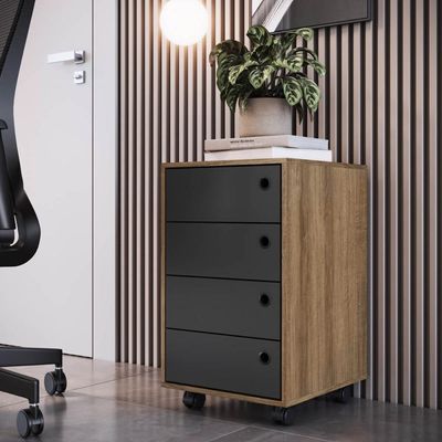Gaveteiro para Escritório 4 Gavetas Organizador Multiuso MDF 61cm com Rodinhas Mel e Grafite Office