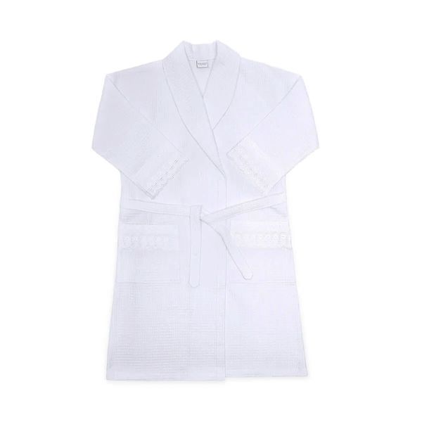Roupão KazzaVip Unissex Piquê 100%Algodão Linha Cristal Aplicação de Renda Renascença Tamanho ( M ) Branco