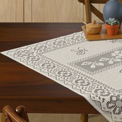 Toalha Centro de Mesa KazzaVip Renda Valência Flores, Ramos e Arabescos 75cm x 75cm Perola
