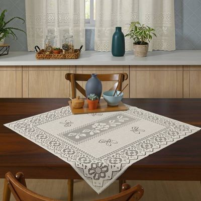 Toalha Centro de Mesa KazzaVip Renda Valência Flores, Ramos e Arabescos 75cm x 75cm Perola
