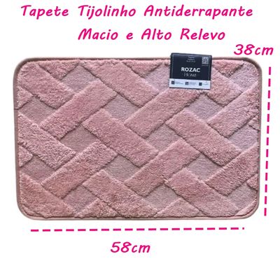Tapete Conforto Kazzavip Felpa 100% Poliéster Antiderrapante Tijolinho Macio e Alto Relevo 38x58cm Rosa