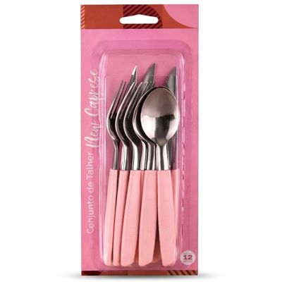 Jogo Talheres Faqueiro 12 Peças Inox Rosa Garfo Faca Colher Mesa