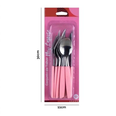 Jogo Talheres Faqueiro 12 Peças Inox Rosa Garfo Faca Colher Mesa