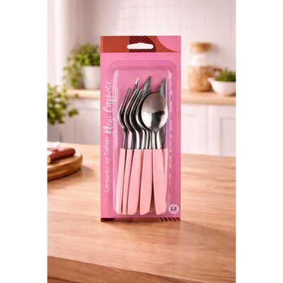 Jogo Talheres Faqueiro 12 Peças Inox Rosa Garfo Faca Colher Mesa