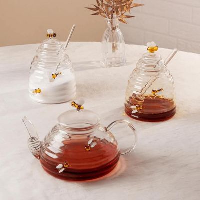 Açucareiro de Vidro 500ml Colher Tampa Porta Açúcar de Mesa Lovely Bee Decorado Lyor