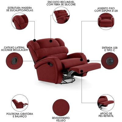 Poltrona Do Papai Reclinável Kalie Glider Giratória Usb Fh9 Veludo Vermelho - Mpozenato