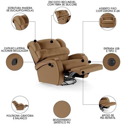 Poltrona Do Papai Reclinável Kalie Glider Giratória Usb Fh9 Pu Caramelo - Mpozenato