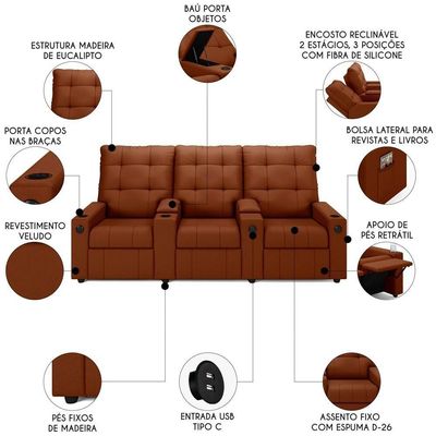 Poltrona De Cinema Reclinável 3 Lugares Baú Usb Mallie Fh9 Veludo Terracota - Mpozenato