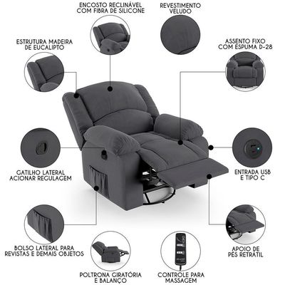 Poltrona Do Papai Reclinável Pietra Glider Giratória Massagem Fh9 Veludo Cinza - Mpozenato