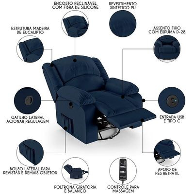 Poltrona Do Papai Reclinável Pietra Glider Giratória Massagem Fh9 Pu Azul - Mpozenato