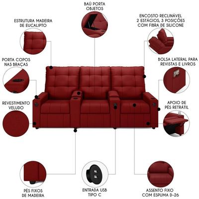 Poltrona De Cinema Reclinável 3 Lugares Baú Usb Mallie Fh9 Veludo Vermelho - Mpozenato
