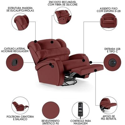Poltrona Do Papai Reclinável Kalie Glider Giratória Massagem Fh9 Pu Vermelho - Mpozenato