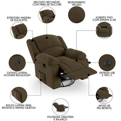 Poltrona Do Papai Reclinável Pietra Glider Giratória Usb Fh9 Veludo Capuccino - Mpozenato