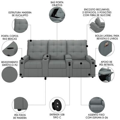 Poltrona De Cinema Reclinável 3 Lugares Baú Usb Mallie Fh9 Pu Cinza - Mpozenato
