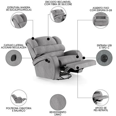 Poltrona Do Papai Reclinável Kalie Glider Giratória Usb Fh9 Linho Cinza - Mpozenato