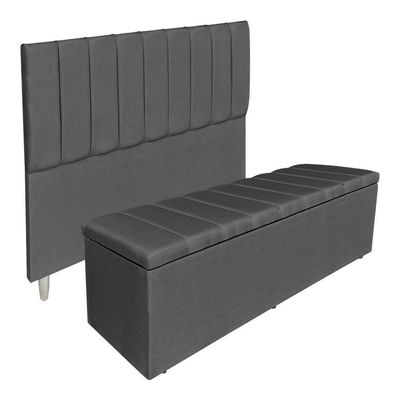 Kit Cabeceira E Calçadeira Recamier Baú Solteiro 0,90m Holanda Suede - Pallazio Cor Grafite