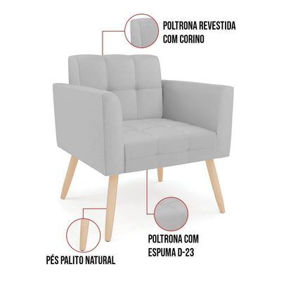 Kit 2 Poltronas Sala Decorativa Elisa D03 Pés Palito Couro Sintético Cinza D'Rossi