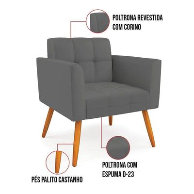 Kit 2 Poltronas Sala Elisa Decorativa Pés Palito Sintético Grafite D03 D'Rossi