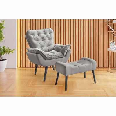 Kit Poltrona Luxo Com Puff Poltrona Com Puff Veludo Cinza De Casa Decor Estofados
