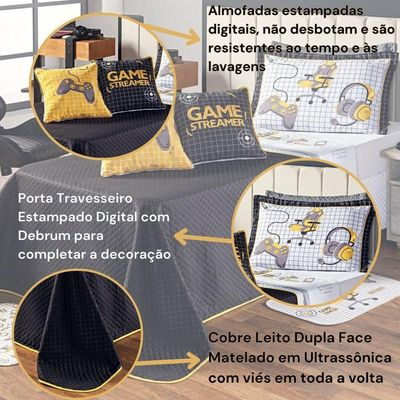 Kit Cobre Leito Colcha Solteiro Game Streamer Dupla Face Com Almofadas Estampadas 05 Peças, Amarelo