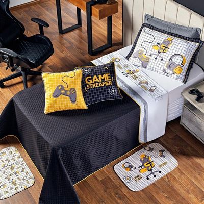 Kit Cobre Leito Colcha Solteiro Game Streamer Dupla Face Com Almofadas Estampadas 05 Peças, Amarelo