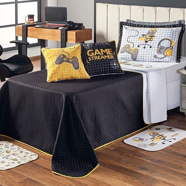 Kit Cobre Leito Colcha Solteiro Game Streamer Dupla Face Com Almofadas Estampadas 05 Peças, Amarelo