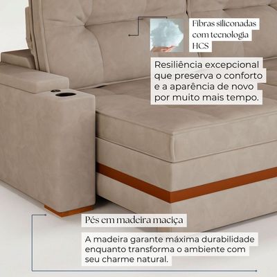 Sofá Retrátil Reclinável 4 Lugares Mônaco 2,36m Veludo Bege